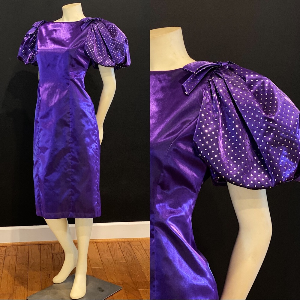 AMAZING Vintage Royal Purple Iridescent Statement Puff Sleeve Midi Dress - Picture 3 of 11